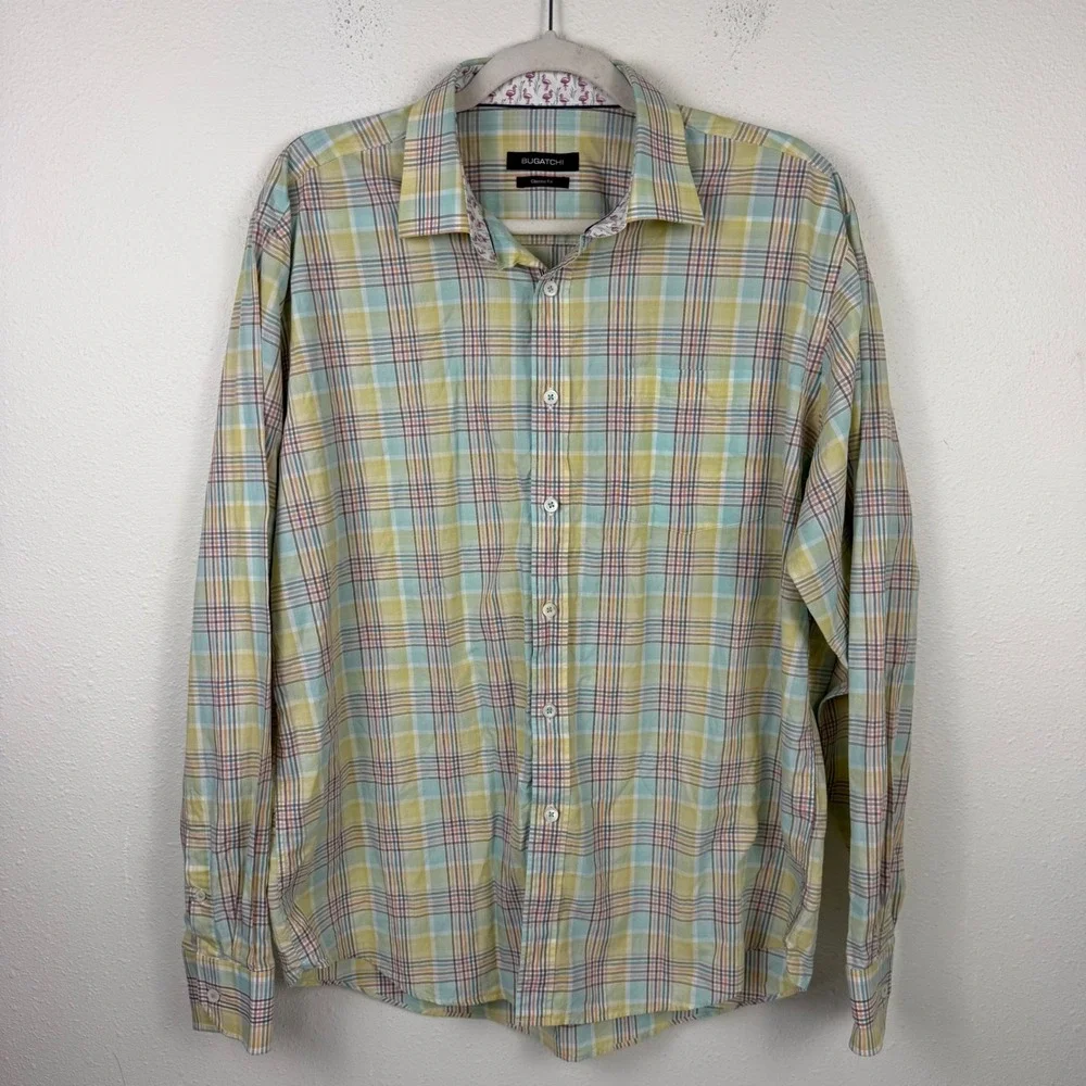 Bugatchi Mens Classic Fit‎ Plaid Button Down Shirt Yellow Green Flamingo Large